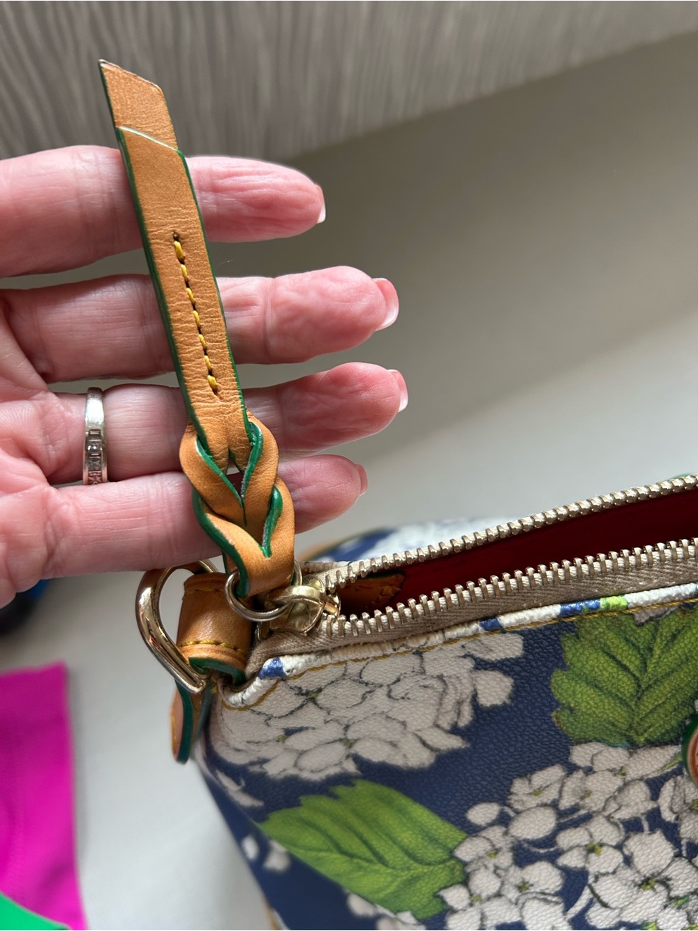 Dooney & Bourke Navy White Hydrangea Floral Satchel with Tan Trim - Picture 2 of 11